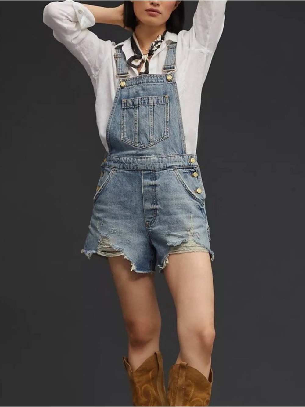 Pilcro Light Blue Distressed Denim Short Overalls